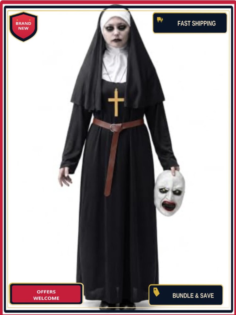 Unisex Nun Costume with Scary Latex Mask Adult Halloween Cosplay Outfit